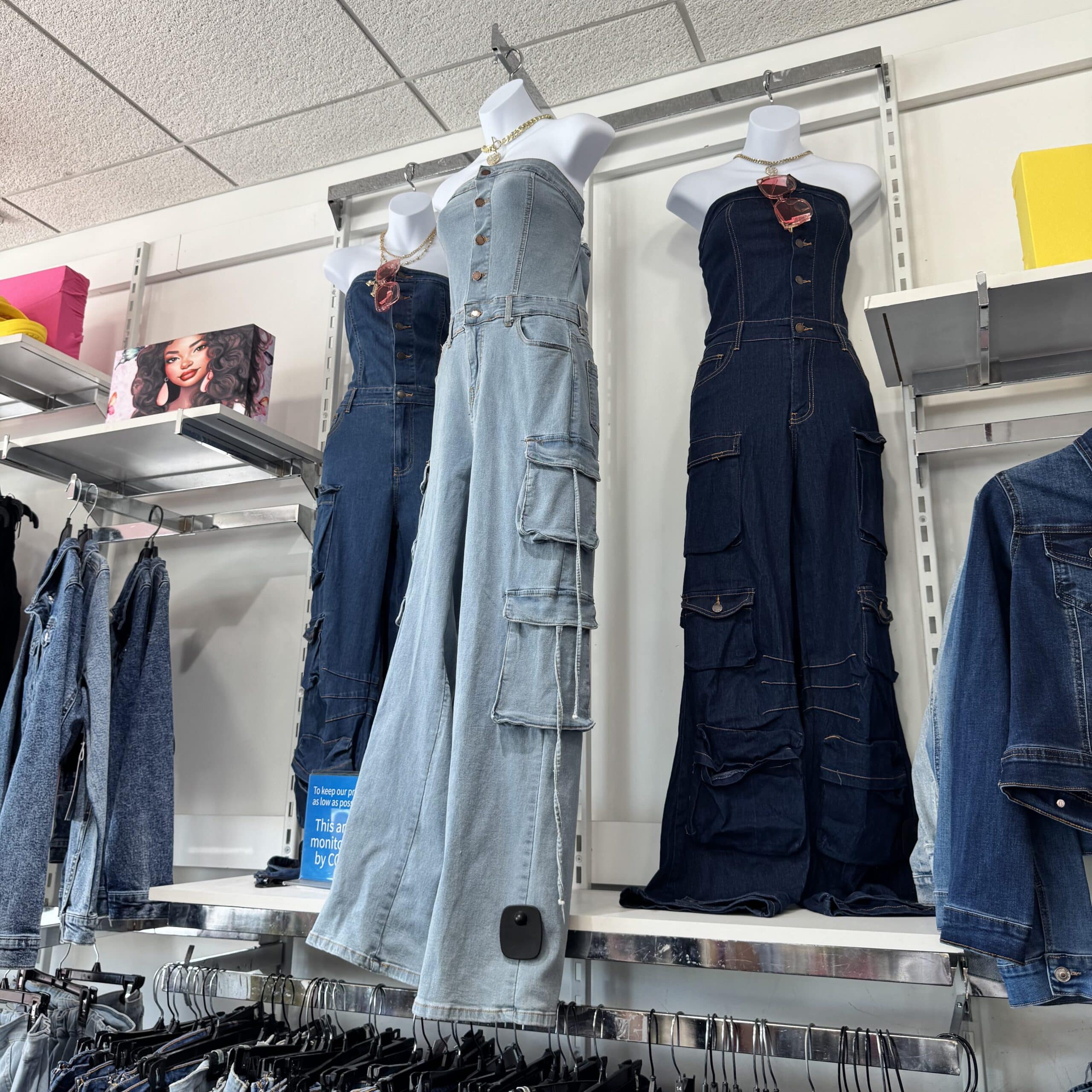 Three mannequins display different styles of denim jumpsuits in a clothing store, surrounded by racks of blue jeans and denim jackets—perfect for finding a chic Mother's Day outfit.